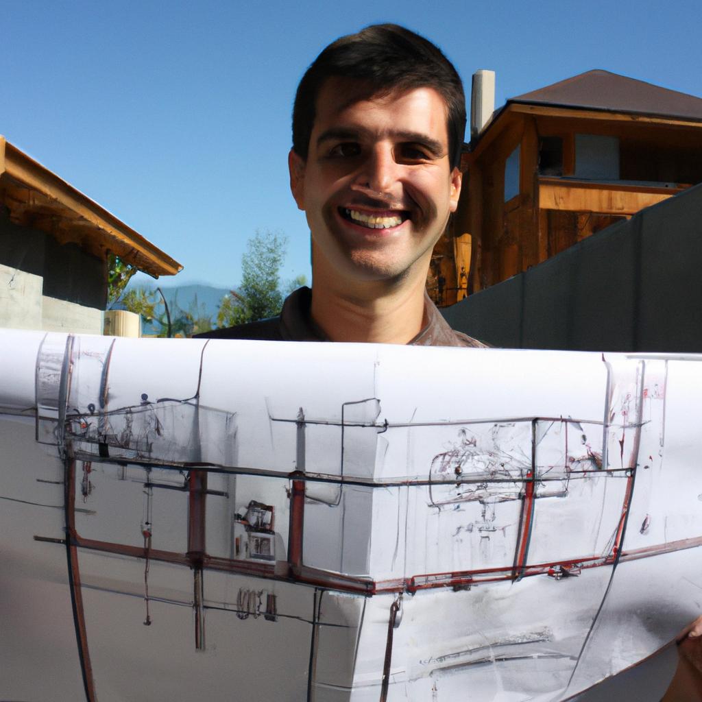 Person holding house blueprint, smiling