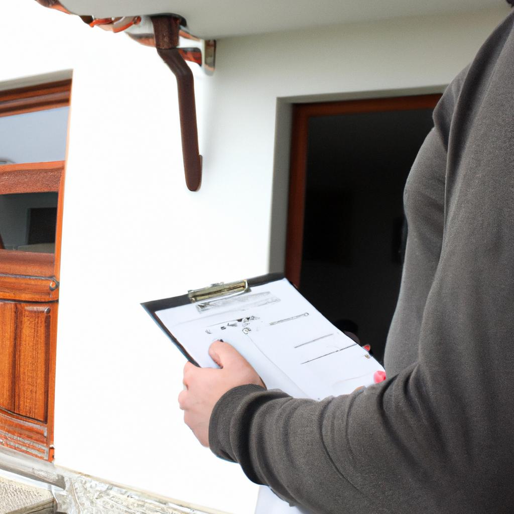 Person holding clipboard, inspecting house
